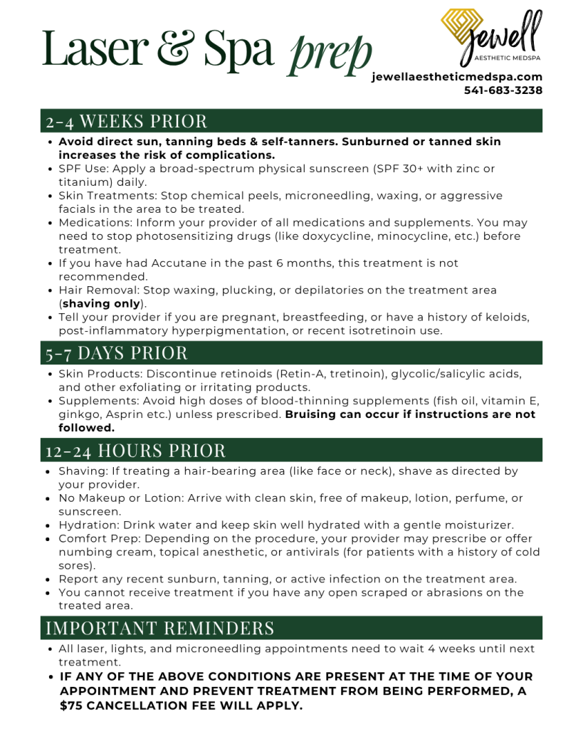 List of steps to prepare for laser- and light-based treatments. 