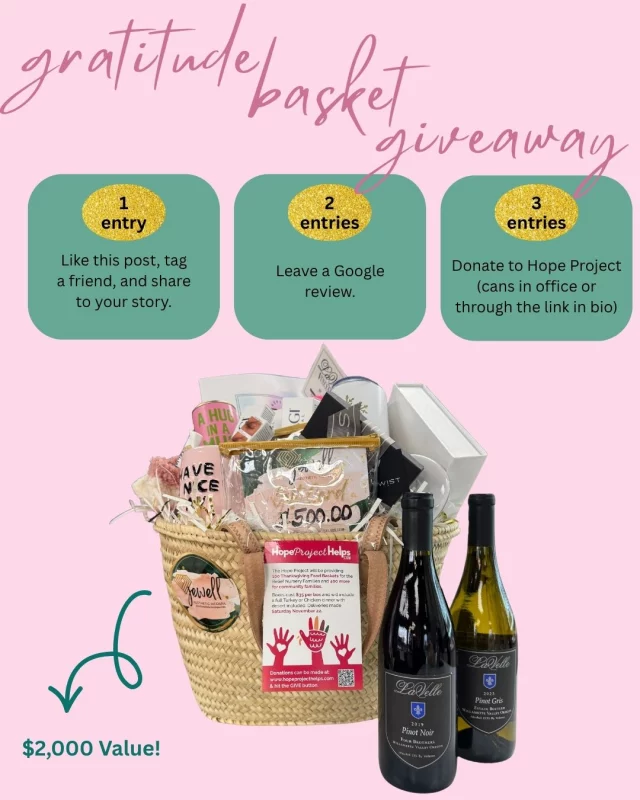 The Annual Jewell Aesthetic Gratitude Basket is HERE! ✨And this year, it’s all about supporting local 🤍
Our biggest basket yet includes:
• $500 to Jewell Aesthetic Medspa
• $200 to New Twist on 5th Street @newtwiststore 
• $100 to LaVelle Winery + 2 bottles of wine🍷 @lavellevineyards 
• $75 to Wax Haven at Luna on 13th @waxhavenaurora 
• 50 units of Botox ($750) 💉
• Skincare + extra goodies 
How to Enter:
Like this post, Tag a friend, Share to your story
Want EXTRA entries?
⭐ Leave us a Google Review
⭐ Donate to the Hope Project by dropping cans at the office or donate through https://www.hopeprojecthelps.com/give / the link in our bio. (Leave a comment noting it’s for Jewell Aesthetic Medspa so we can track your entry!)
Good luck and thank you from all of us at Jewell Aesthetic Medspa 🩷💚