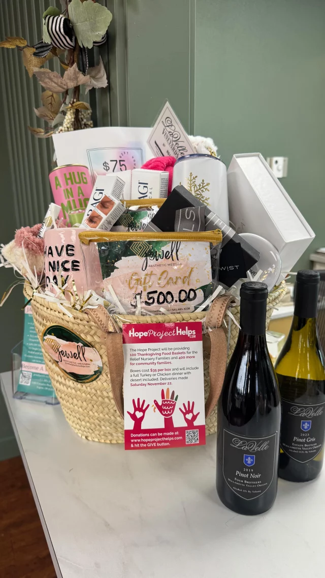 We hope everyone had a wonderful Thanksgiving! 
We are so thankful for each of our patients and your continued support.🩷
It’s time to announce the winner of our Gratitude Basket…Congratulations Brandi Strong! 🎉
And a huge thank you to our amazing local partners for their generous contributions! @newtwiststore @lavellevineyards @waxhavenaurora 

#jewellaestheticmedspaeugeneoregon #hillaryjewellnpeugeneoregon #eugene #eugeneoregon #medspaeugeneoregon #medspa #hydrafacial #botox #dysport #juvederm #skincare #halo #bblforeveryoung #sciton #bbl #sofwave #skintightening #skinfirming #obagiskincare #skinmedica #injectables #skintexture #skinmedica #obagi #restylane #skincare #JAMS #lipfiller #laserhairremoval