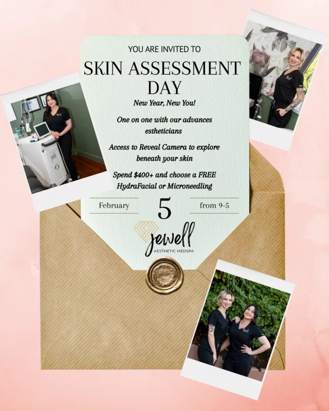 SAVE THE DATE ✨
Make “New Year, New You” real and join us for our Skin Assessment Day onFebruary 5th from 9:00 AM to 5:00 PM!
Enjoy a one-on-one consultation with our advanced estheticians, exclusive access to our Reveal Camera to see beneath the surface of your skin, and a personalized treatment & skincare plan tailored just for you.
💎 Event-Only Perk: For this day only, when you spend $400 or more, choose one complimentary treatment! Receive a HydraFacial or Microneedling on us! 

Scheduling has already begun! Make sure you get your appointment on the books and call our office at (541)683-3238 or go online using the link in our bio / store.jewellaestheticmedspa.com! 💖 

“A Reputation Built on Results” 🩷💚
#jewellaestheticmedspaeugeneoregon #hillaryjewellnpeugeneoregon #eugene #eugeneoregon #medspaeugeneoregon #medspa #hydrafacial #botox #dysport #juvederm #skincare #halo #bblforeveryoung #sciton #bbl #sofwave #skintightening #skinfirming #obagiskincare #skinmedica #injectables #skintexture #skinmedica #obagi #restylane #skincare #JAMS #lipfiller #laserhairremoval