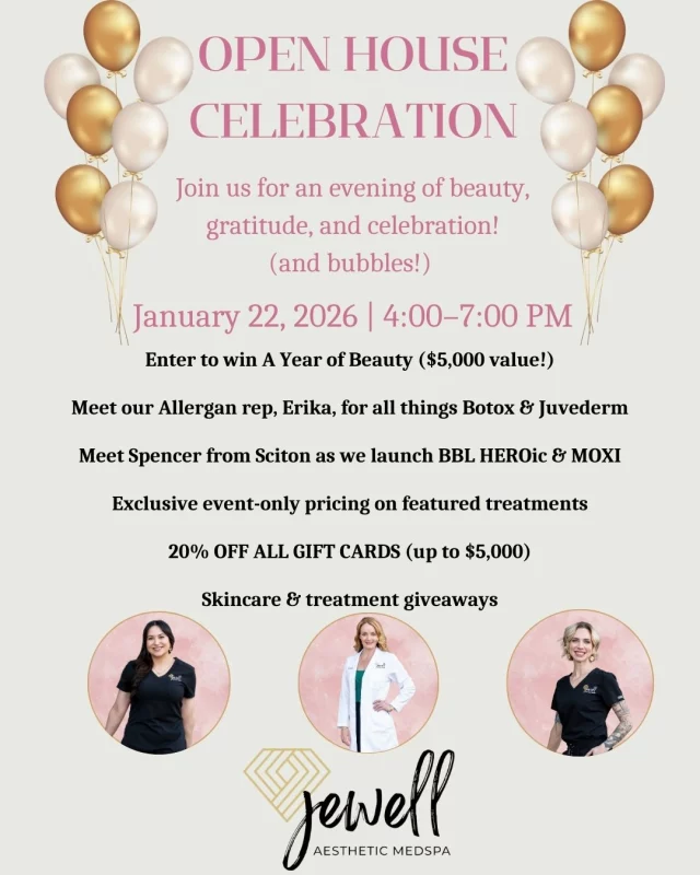 Our Open House is just 10 days away! Join us on January 22 from 4-7 for beauty, bubbles, and exclusive perks 🥂
This celebration is our way of saying thank you for trusting us with your beauty journey. We cannot wait to celebrate with you! 

Call our office at 541-683-3238 or stop by during the event to purchase gift cards 

With gratitude & glow, 
Hillary & the Jewell Aesthetic Med Spa Team 💖 

“A Reputation Built on Results” 🩷💚
#jewellaestheticmedspaeugeneoregon #hillaryjewellnpeugeneoregon #eugene #eugeneoregon #medspaeugeneoregon #medspa #hydrafacial #botox #dysport #juvederm #skincare #halo #bblforeveryoung #sciton #bbl #sofwave #skintightening #skinfirming #obagiskincare #skinmedica #injectables #skintexture #skinmedica #obagi #restylane #skincare #JAMS #lipfiller #laserhairremoval