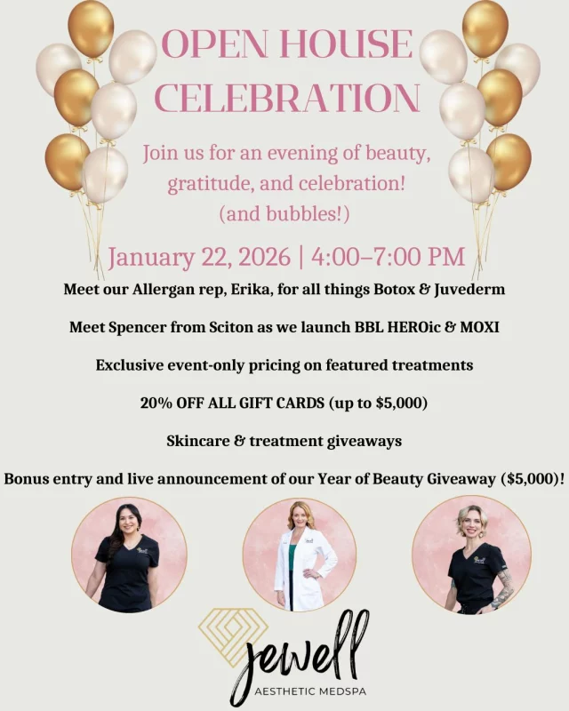We didn’t want you to miss your invitation to our Open House! Join us on January 22nd from 4:00–7:00 PM for an evening of hors d’oeuvres and bubbles while you shop, meet our trusted brand representatives, and enjoy exclusive event-only pricing.
Plus, we’ll be announcing the winner of our Year of Beauty Giveaway (launching this Monday, so keep your eyes open and be sure to enter!)

“A Reputation Built on Results” 🩷💚
#jewellaestheticmedspaeugeneoregon #hillaryjewellnpeugeneoregon #eugene #eugeneoregon #medspaeugeneoregon #medspa #hydrafacial #botox #dysport #juvederm #skincare #halo #bblforeveryoung #sciton #bbl #sofwave #skintightening #skinfirming #obagiskincare #skinmedica #injectables #skintexture #skinmedica #obagi #restylane #skincare #JAMS #lipfiller #laserhairremoval