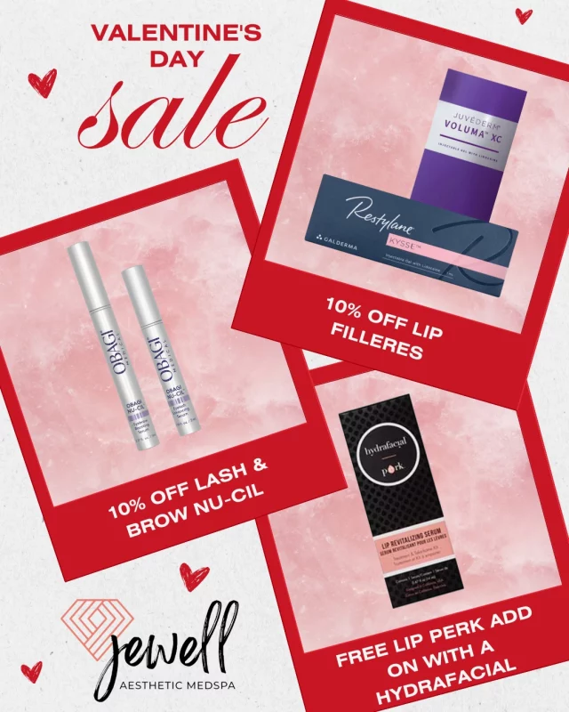 Our Valentine’s Day specials are available for a few more days! ❤️
Enjoy 10% off Lips & Lashes!💋 Which means you can receive 10% off lip filler and 10% off Obagi Brow and/or Lash Nu-Cil Growth Serum. 
Here’s an extra treat: when you purchase a HydraFacial, your Lip Perk add-on is on us!✨
And if you’re consistent with your Botox appointments, our JAMS Membership was designed with you in mind. It’s the easiest way to stay on schedule while saving with exclusive member pricing and monthly beauty bank contributions. For the rest of the month, anyone who signs up will receive an extra $50 added to their beauty bank to get started.🫶

Call us at (541)683-3238 or go online using the link in our bio / store.jewellaestheticmedspa.com to grab these limited specials! 💖

“A Reputation Built on Results” 🩷💚
#jewellaestheticmedspaeugeneoregon #hillaryjewellnpeugeneoregon #eugene #eugeneoregon #medspaeugeneoregon #medspa #hydrafacial #botox #dysport #juvederm #skincare #halo #bblforeveryoung #sciton #bbl #sofwave #skintightening #skinfirming #obagiskincare #skinmedica #injectables #skintexture #skinmedica #obagi #restylane #skincare #JAMS #lipfiller #laserhairremoval