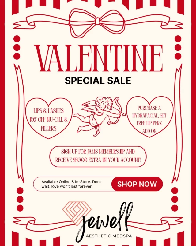 Treat Yourself Tuesday 💖
Here’s a sneak peek at our upcoming specials happening February 12–16! Celebrate Valentine’s Day with Lips & Lashes 💋✨
Enjoy 10% off lash or brow Nu-Cil growth serum, 10% off lip fillers, and when you purchase a HydraFacial, your Lip Perk add-on is on us!
Plus, join our membership this month and we’ll add an extra $50 to your account to use anytime, on anything 💘

Call us at (541)683-3238 to snag these specials or go online using the link in our bio / store.jewellaestheticmedspa.com! 💖 

“A Reputation Built on Results” 🩷💚
#jewellaestheticmedspaeugeneoregon #hillaryjewellnpeugeneoregon #eugene #eugeneoregon #medspaeugeneoregon #medspa #hydrafacial #botox #dysport #juvederm #skincare #halo #bblforeveryoung #sciton #bbl #sofwave #skintightening #skinfirming #obagiskincare #skinmedica #injectables #skintexture #skinmedica #obagi #restylane #skincare #JAMS #lipfiller #laserhairremoval