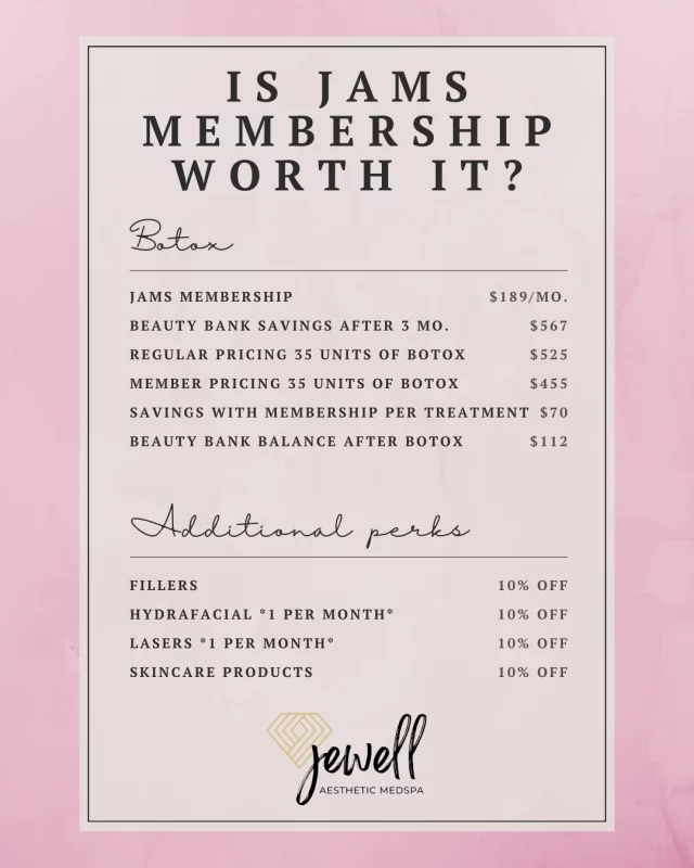 Worth It Wednesday! Wondering if our JAMS Membership is worth it? If you’re consistent with your Botox appointments, our Membership was designed with you in mind✨ Here’s a real example.
For 35 units of Botox, you would normally pay $525.
With membership pricing, that drops to $455. An instant savings of $70.
Plus, after your treatment you still have $112 left in your Beauty Bank to use on more units, future services, or skincare.
That’s treatment + built-in savings every single month!🫶

Call us at (541)683-3238 or go online using the link in our bio / store.jewellaestheticmedspa.com to sign up today and start saving! 💖 

“A Reputation Built on Results” 🩷💚
#jewellaestheticmedspaeugeneoregon #hillaryjewellnpeugeneoregon #eugene #eugeneoregon #medspaeugeneoregon #medspa #hydrafacial #botox #dysport #juvederm #skincare #halo #bblforeveryoung #sciton #bbl #sofwave #skintightening #skinfirming #obagiskincare #skinmedica #injectables #skintexture #skinmedica #obagi #restylane #skincare #JAMS #lipfiller #laserhairremoval